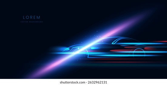 Raios azul e vermelho de néon futurista. Esporte carro em movimento de alta velocidade conceito em fundo azul escuro. Ilustração vetorial