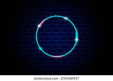 Futuristisch glühender Neonkreisrahmen, der mit glitzernden Partikeln und Lichteffekten auf dunklem Backsteinwandhintergrund verziert ist. Perfekt für den technologischen Hintergrund.