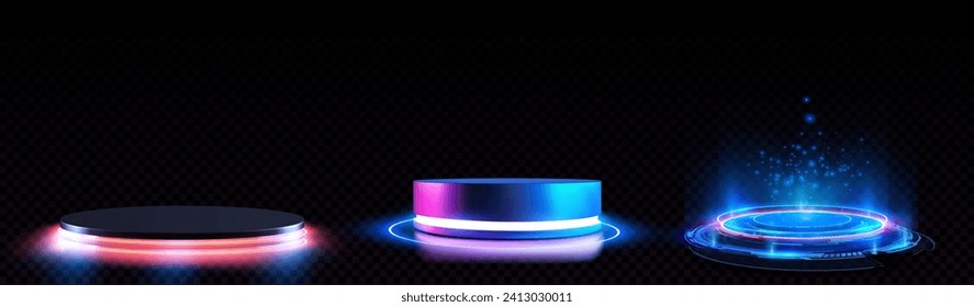 Futuristic Glowing Neon Platforms with Holographic Projections on Dark Background. Circle portals, teleport, hologram gadget  for exhibition, beauty product presentation stand mockup. Vector