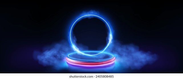 Futuristic Glowing Neon Ring Smoke Effects on Dark Background for Technology Concept. Magic futuristic surreal game portal with haze. Empty blue podium floating in the air blue neon ring on background