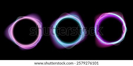 Futuristic glowing neon rings with wave effects. Set of three abstract neon rings with glowing wave effects on a black background. vector for digital designs, technology concepts, sci fi, UI elements