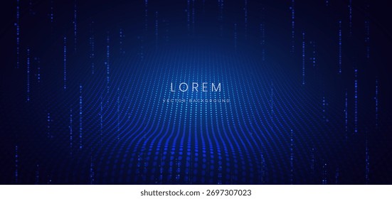 Onda azul brillante futurista de la partícula en fondo azul oscuro. Tecnología de la comunicación de big data. Ilustración vectorial