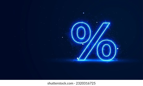 Futuristic glowing percent sign with plexus lines and glitter particles. Percentage mark in the neon light style. 3D abstract copy space in the night view. Futuristic interest rate wallpaper