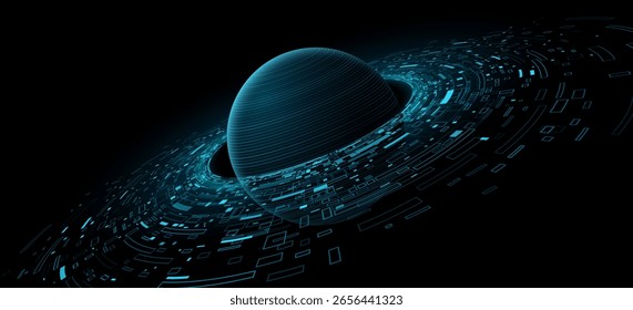 Futuristic glowing planet surrounded by dynamic digital data particles and circular HUD elements into cyberspace. Abstract cyber technology background for AI, big data, and sci-fi. Vector.