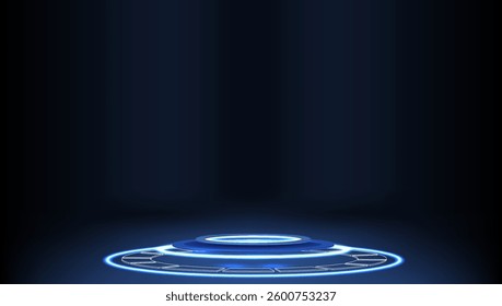 Futuristic glowing platform against a dark background in a digital universe setting with blue light accents