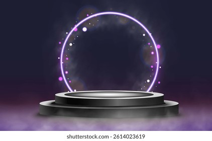 Futuristic glowing podium with neon light, purple background, fog and particles, modern empty scene for product display.