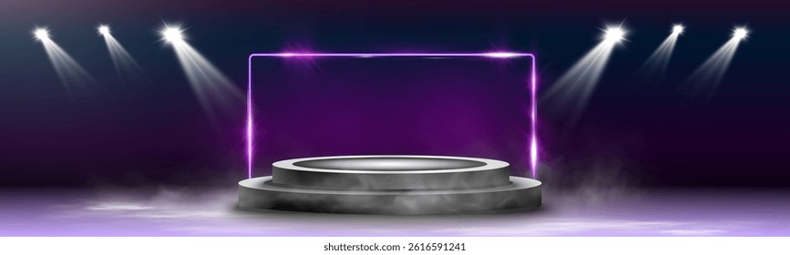 Futuristic glowing podium with neon light, purple background, fog and particles, modern empty scene for product display.