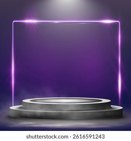 Futuristic glowing podium with neon light, purple background, fog and particles, modern empty scene for product display.