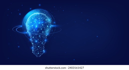 Futuristic Glowing Polygonal Light Bulb Concept with World Map on a Starry Background. Concept of communication technology or digital transformation. Vector illustration