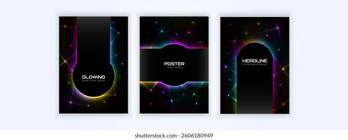 Futuristic glowing poster designs with vibrant neon light effects on a dark background
