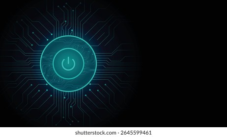 Botão de energia luminoso futurista no centro com linhas de circuito digital em um fundo escuro ideal para temas tecnológicos