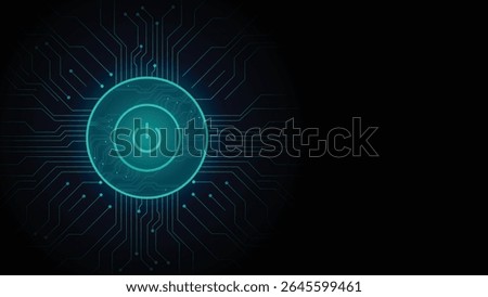 Futuristic glowing power button in center with digital circuit lines on a dark background ideal for tech themes