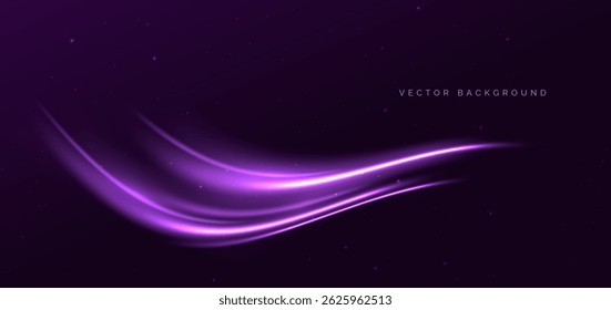 Futuristisch leuchtende violett gekrümmte Strahlen mit Bewegung auf dunkelviolettem Hintergrund. Vektorgrafik