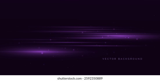 Futuristic glowing purple horizontal rays with speed motion moving on dark purple background. Vector illustration 