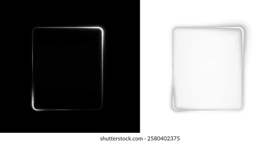 Futuristic glowing rectangular frame with a soft white neon light effect. Minimalistic and elegant design, ideal for technology, UI elements, sci-fi, digital interfaces, and modern backgrounds.