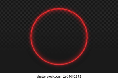 Futuristic glowing red circle frame vector with neon light border on dark checkered background. Perfect for tech designs, modern branding, and digital interfaces. Sleek 3D illuminated ring.