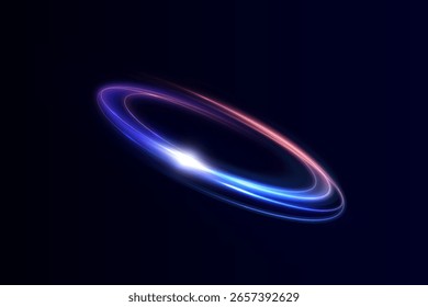 Futuristic glowing ring with pink and blue gradient light on dark background. Vector light effect for design and illustrations. 10 EPS