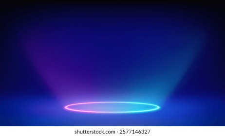 Futuristic glowing stage, studio. Empty room, circular neon purple blue lighting in floor. The product levitates, hangs. Background. Displaying products, presentation. Showcase. Backdrop. Vector