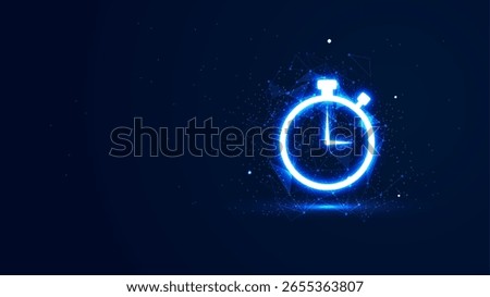 Futuristic glowing stopwatch with plexus lines and glitter particles. A symbol of time in the neon light style. 3D abstract countdown copy space in the night view. Digital technology background
