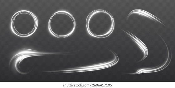 Futuristic glowing swirl of white and neon light in a circular vortex. Featuring sparkles, energy beams, sun streaks, and motion trails. Perfect for sci-fi, space, and magical vector designs