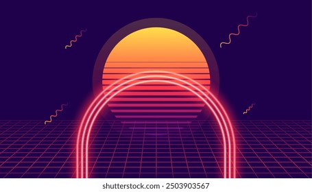 Fondo de líneas de sintetizador brillante futurista con Vector de diseño de puesta de sol