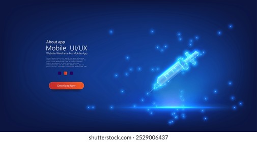 Futuristic glowing syringe made of polygonal lines and dots on a blue background, representing medical technology and vaccination. Vector illustration