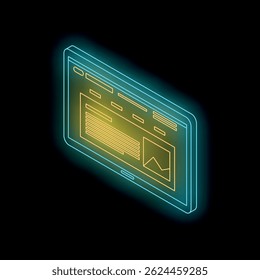 Futuristic glowing tablet displaying website interface with charts, graphs, and data analysis tools in isometric perspective