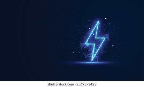 Futuristic glowing thunder with plexus lines and glitter particles. The lightning bolt in the neon light style. Digital technology background