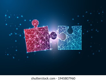 Futuristic glowing wireframe design red and blue jigsaw puzzle pieces fitting each other.