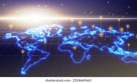 Futuristic glowing world map network connection. Blue earth map hologram display with a straight pin. Digital neural network concept, 3D big data stream technology, world data analytics background