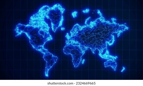 Futuristic glowing world map network connection. 3D blue earth map background with plexus lines. Digital network for business concept. Big data stream technology, world data analytics background