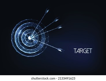 Futuristic goal concept with glowing low polygonal target with arrows isolated on dark blue 