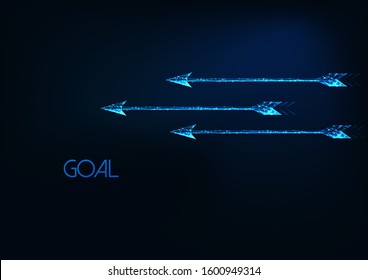 Futuristic goal concept with three glowing low polygonal moving arrows isolated on dark blue background. Modern wire frame mesh design vector illustration. 