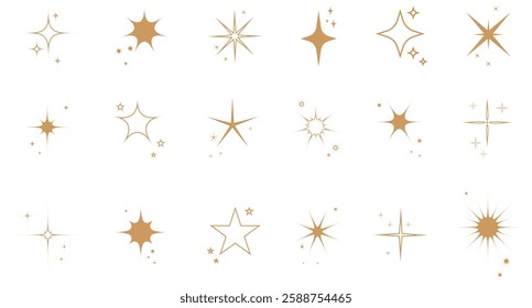 Futuristic gold stars sparkle icon collection. Set of stars shapes. Abstract cool stars vector design. Templates for design, posters, projects, banners, logo, and business cards. EPS 10.