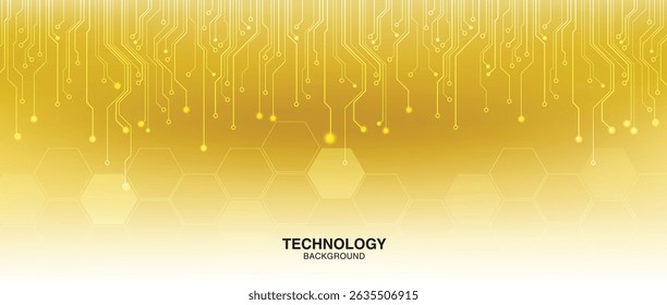 Fundo de tecnologia de ouro futurista com linhas de circuito brilhante e padrão hexágono, ideal para temas digitais, tecnológicos e de inovação.
