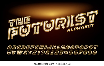 A futuristic gold and white alphabet suitable for logos, video game titles, and cinematic titling.