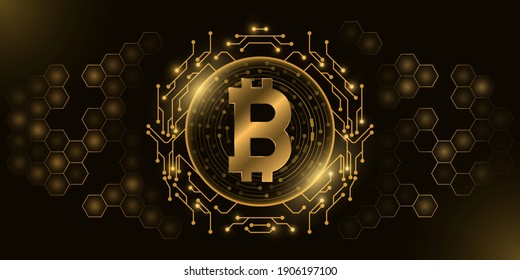 Futuristic golden Bitcoin digital currency. Computer CPU. Concept of cryptocurrency mining. Hexagon pattern. Hi-tech design blockchain for graphic design. Vector illustration. EPS 10.