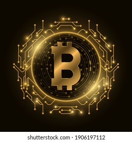 Futuristic golden Bitcoin digital currency. Computer circuit board. Cryptocurrency mining. Sci-fi design blockchain logo for graphic design. Vector illustration. EPS 10.