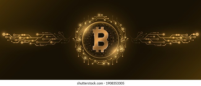 Futuristic golden Bitcoin digital currency. Big CPU data. Concept of cryptocurrency mining. Sci-fi design blockchain for graphic design. Computer circuit board. Vector illustration. EPS 10.