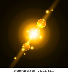 Futuristic Golden Energy Core with Radiating Particles and Light Beams. Vector illustration.