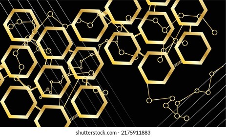 Vektorgrafik. Chip, Elektronik, Web, Netzwerk, künstliche Intelligenz. Verbindungen in goldener Farbverlauf-Farbe. Chip-Komponenten in Form von Hexagons. Goldene Objekte auf schwarzem Hintergrund.