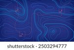 Futuristic GPS coordinate topographic contour line digital tracking technology interface. Geographic map pattern for cartography on blue background. Vector illustration design element template.