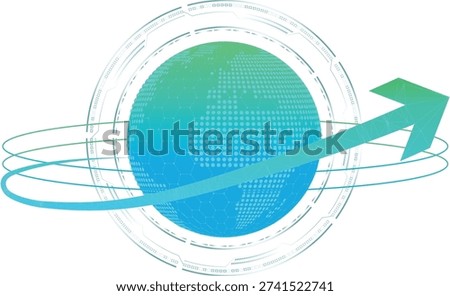 Futuristic gradient blue and green World Map Sphere with Arrow Around The Planet Earth. Green Energy Concept. Circular arrow orbits around the globe. Sustainability, innovation, transparent Background