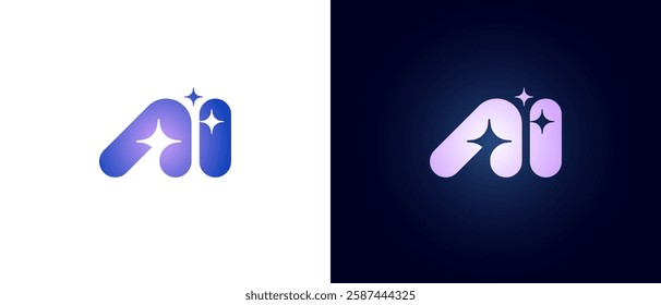 Futuristic gradient colors AI monogram logo and abstract magic stars. Modern vector icon symbolizing artificial intelligence, digital innovation and technology. Branding, software or networks badge