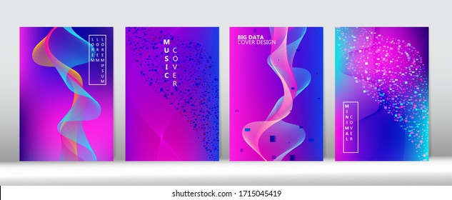 Futuristic Gradient Overlay. Big Data Neon Tech Magazine. Modern Covers Set. 3D Flow Shapes Trendy Cover Template. Grunge Geometric Music Wallpaper Blue Purple Pink Cyber Vector Cover Design.