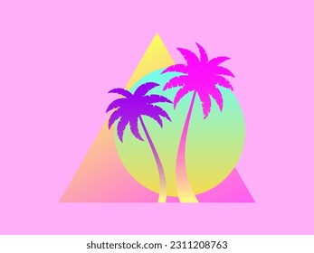 Futuristic gradient palm trees at sunrise with triangle on pink background. Summer time, palm trees in 80s synthwave style. Design of advertising booklets and banners. Vector illustration