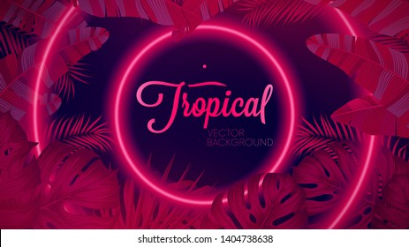 Futuristic gradient ultraviolet spectrum on dark background, Glowing geometric shapes reflex on tropical leaves