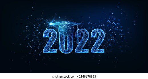 Futuristic graduation 2022 concept banner with glowing low polygonal graduation hat on dark blue 