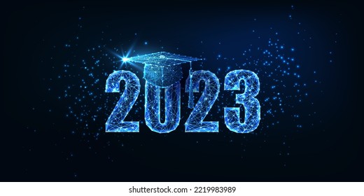 Futuristic graduation 2023 concept banner with glowing low polygonal graduation hat isolated on dark blue background. Modern wire frame mesh design vector illustration.