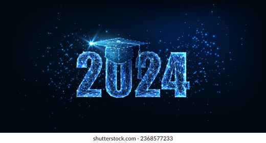 Futuristic graduation 2024 concept banner with glowing low polygonal graduation hat isolated on dark blue background. Modern wire frame mesh design vector illustration.